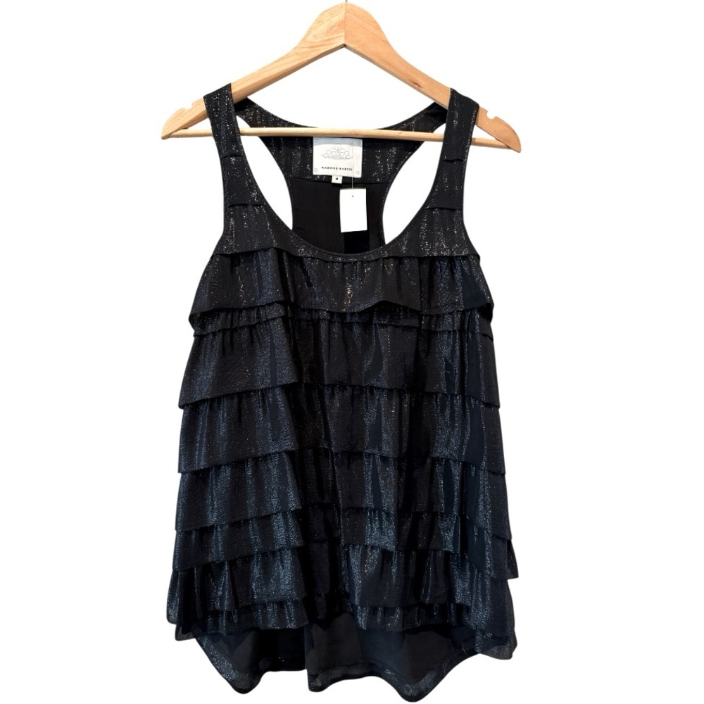 MADISON MARCUS Tiered Ruffled Silk Racerback Top Black Shimmer Size M NEW